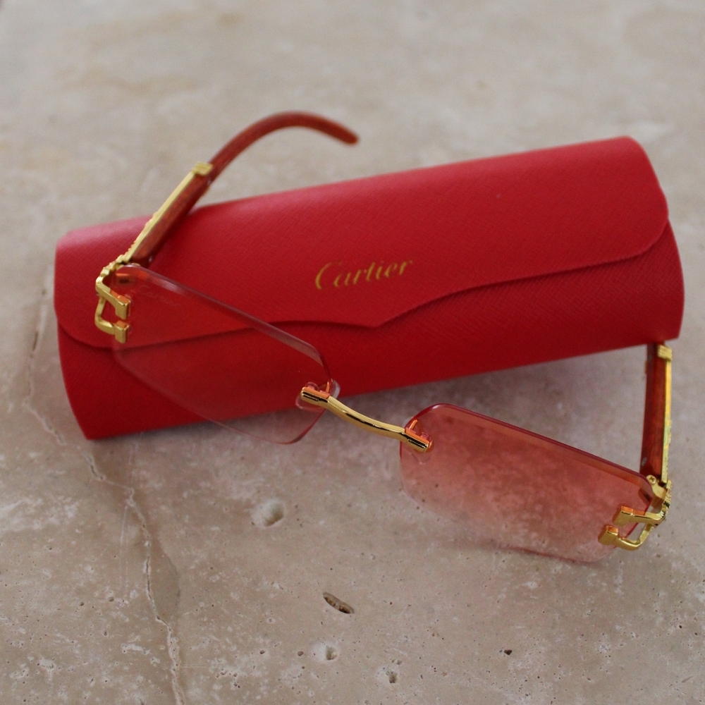 Cartier Red Gradient Lens Rimless Sunglasses with Gold Hardware
